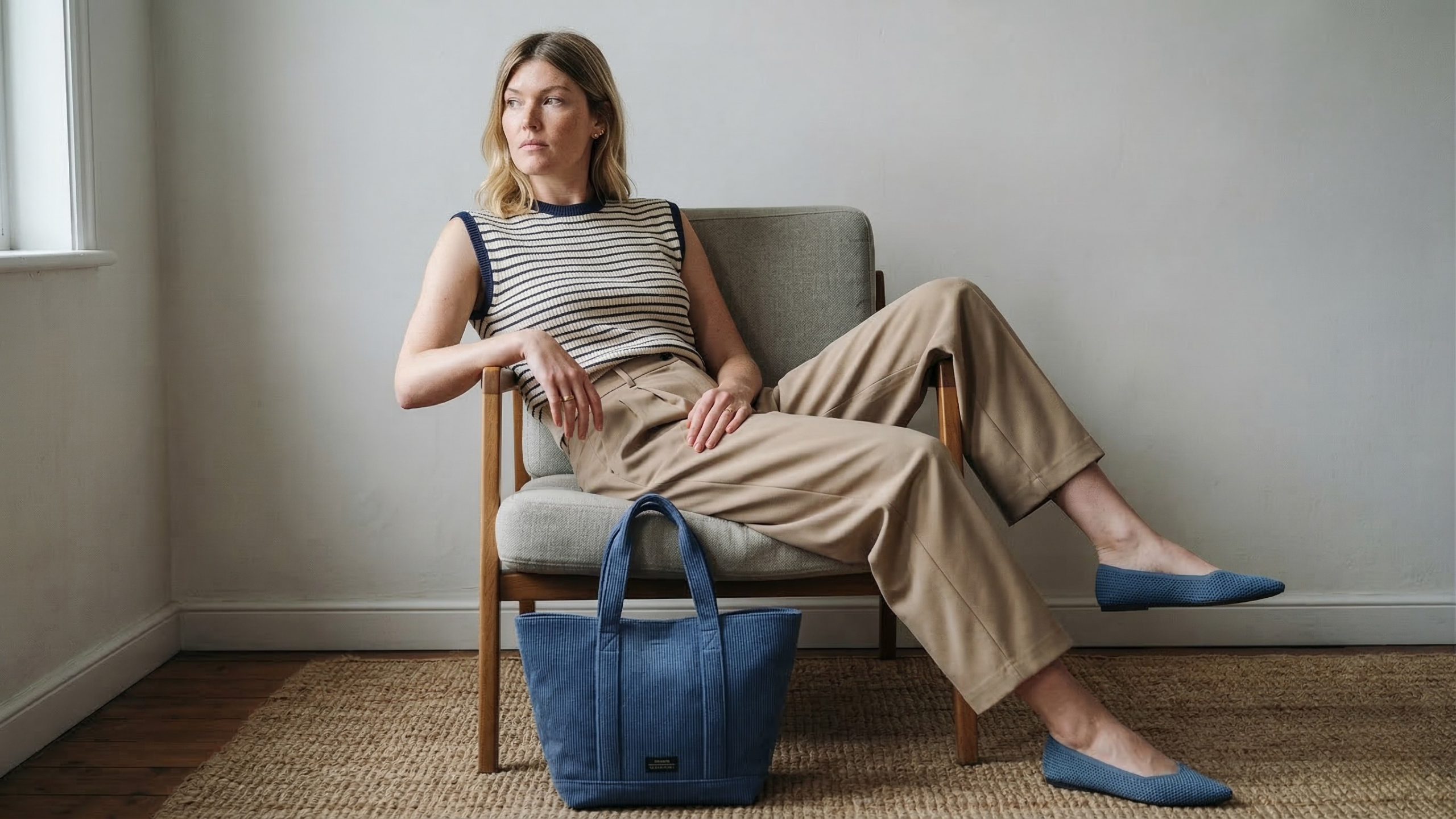 Woman sitting on a chair with a blue bag next to her in a room.