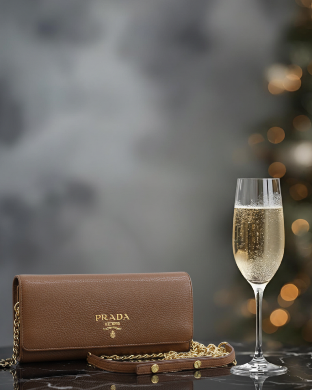 Brown Prada handbag with a glass of champagne on a blurred background