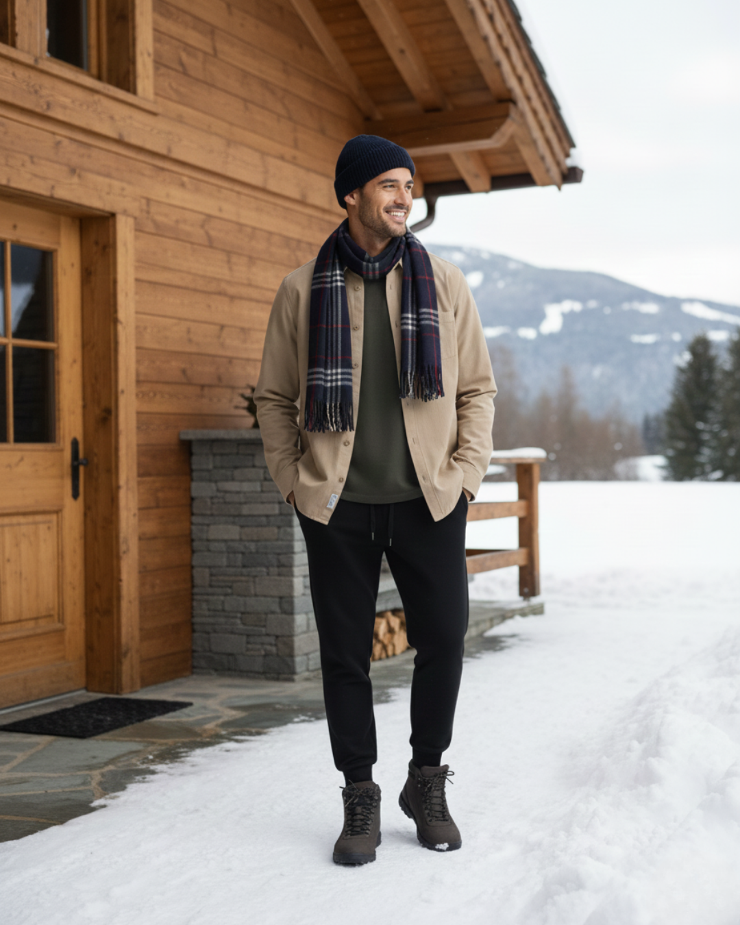 Man standing in front of a wooden cabin with a snowy landscape and mountains in the background.