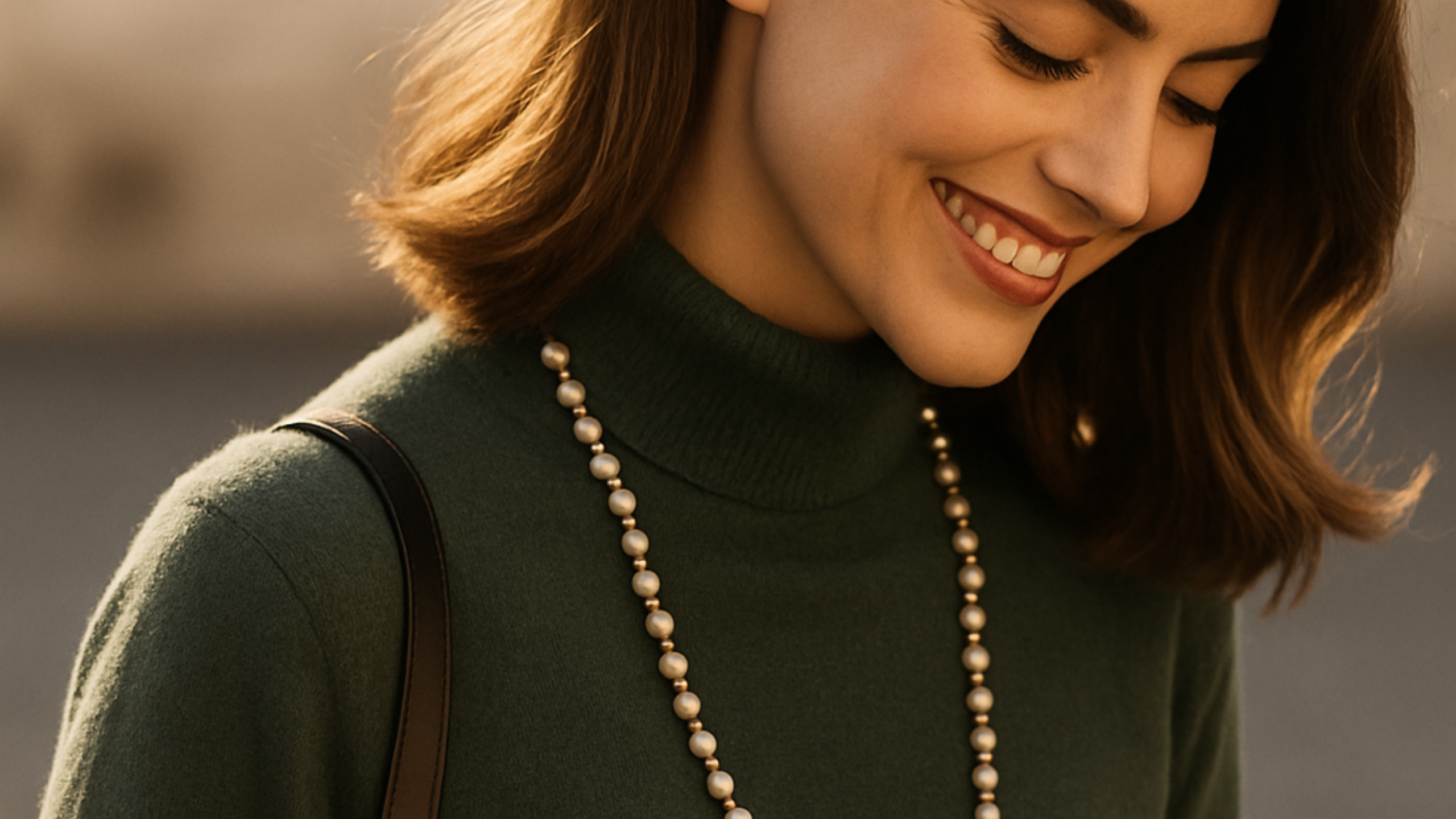 Woman wearing a green turtleneck sweater and a vintage pearl necklace with a blurred background
