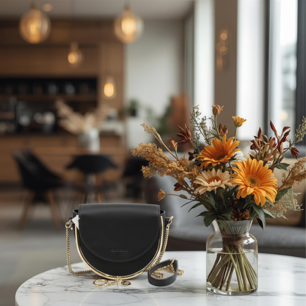 Black handbag on a marble surface with a vase of flowers in the background