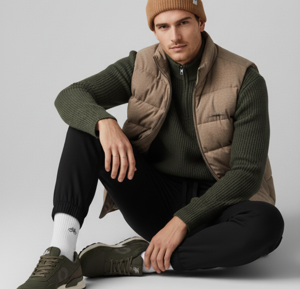 Man wearing a green sweater, brown vest, and beanie sitting on a light gray background