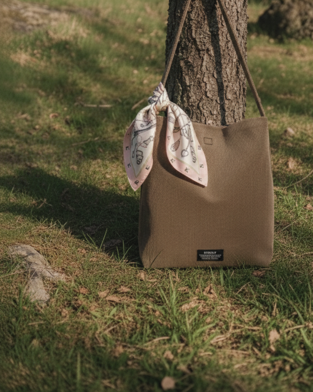 Brown tote bag with a patterned scarf draped over it, leaning against a tree on grass.