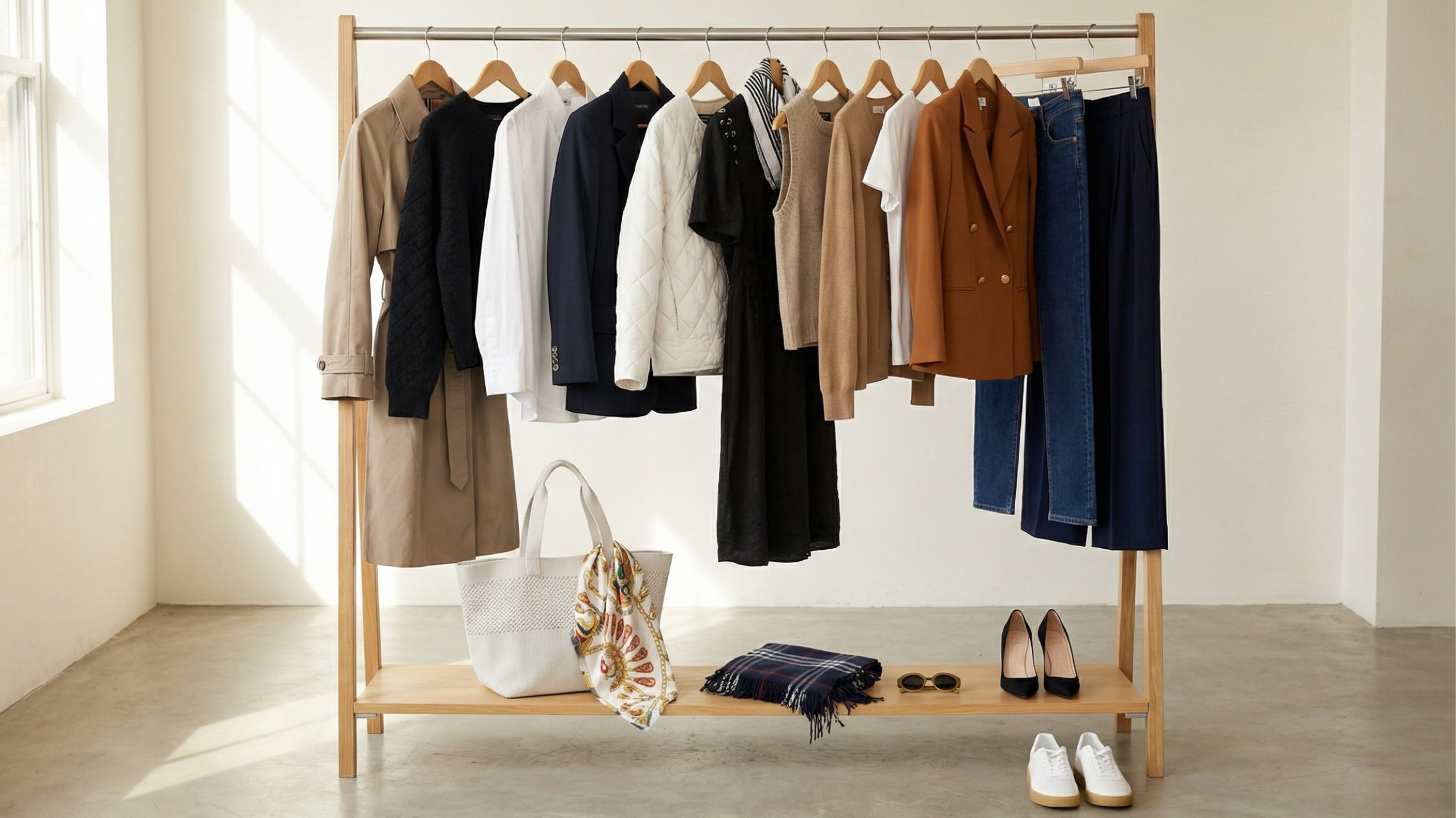 Clothing rack with  a capsule wardrobe in a minimalist background
