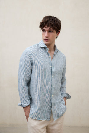 Chemise en lin (ALFREDO) – ECOALF (Rayures vert/blanc)