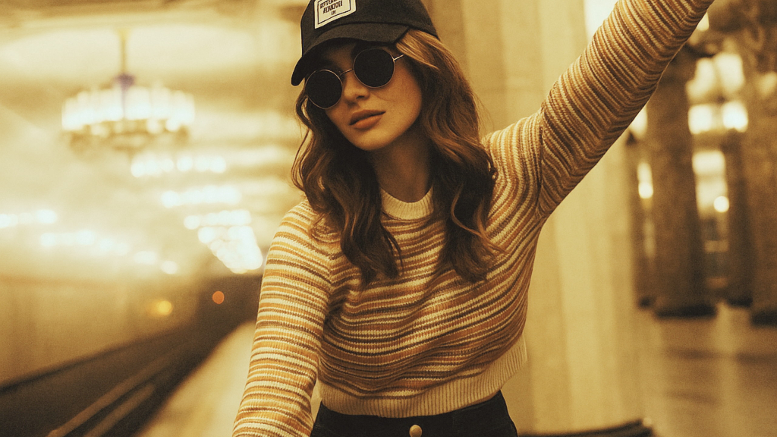 Woman in a striped sweater and cap posing in a softly lit indoor setting