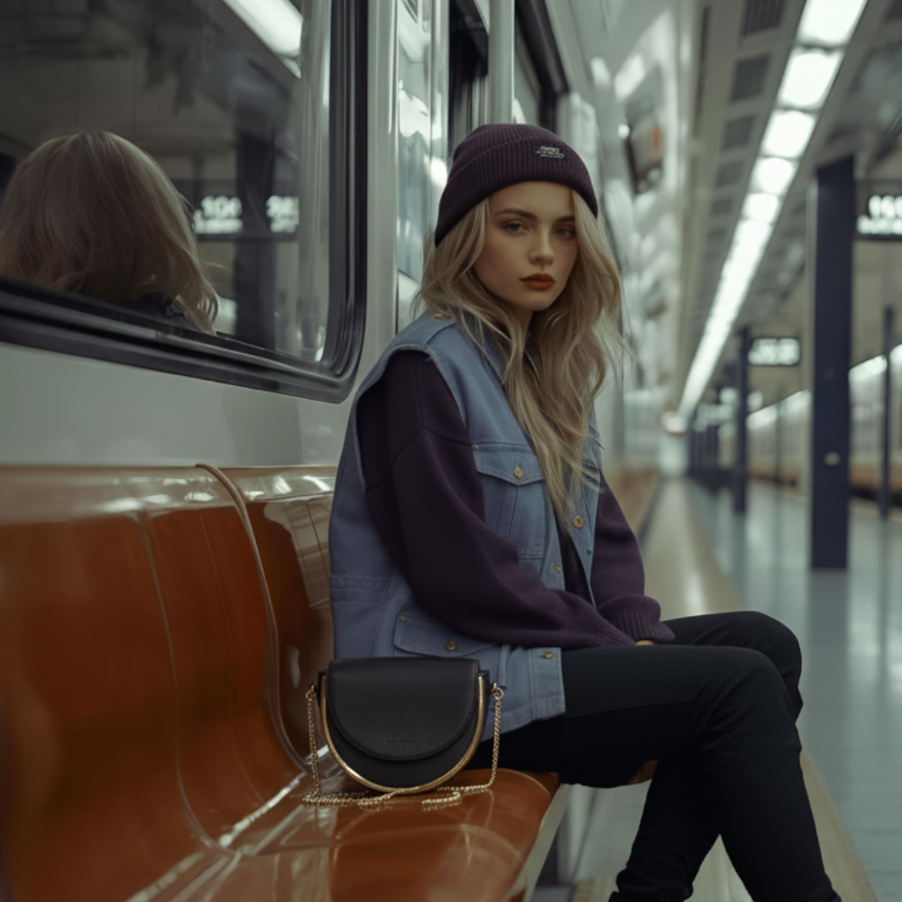 A woman sits on a brown bench in a train station or subway platform, wearing a dark beanie, a light blue denim vest over a dark purple top, and black pants. A black semi-circular handbag with gold hardware rests on the bench beside her.