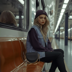 A woman sits on a brown bench in a train station or subway platform, wearing a dark beanie, a light blue denim vest over a dark purple top, and black pants. A black semi-circular handbag with gold hardware rests on the bench beside her.