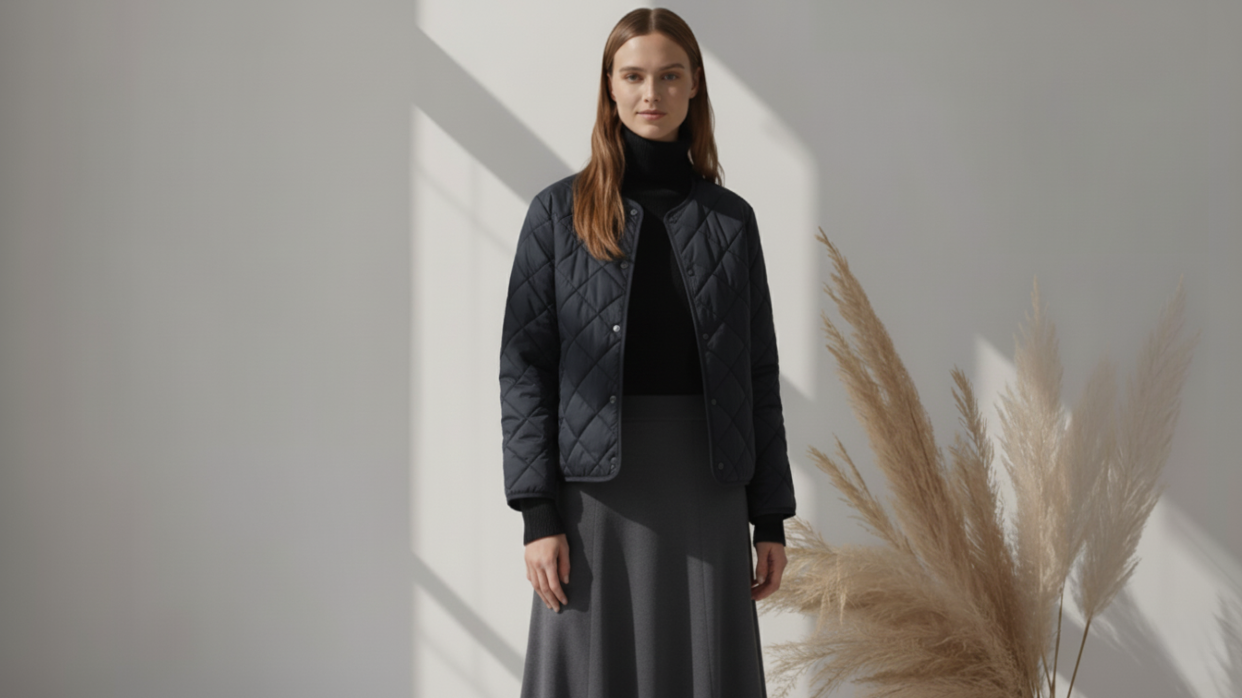 Woman wearing a black quilted jacket and skirt standing in a softly lit room with decorative plants.