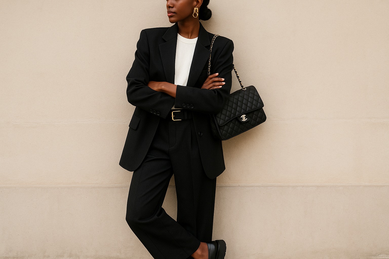 Create a female model wearing a white knit t-shirt under a structured oversized blazer, she has bold gold earrings in form of infinity loops, she wears a black suede belt with a golden buckle and ankle length trousers that are wide. She wears black chunky loafers. she is leaning against a wall, her arms crossed. under her arm, we can see she has a chanel 11.12 bag with the chain around her shoulder. She is black, looks towards the left 